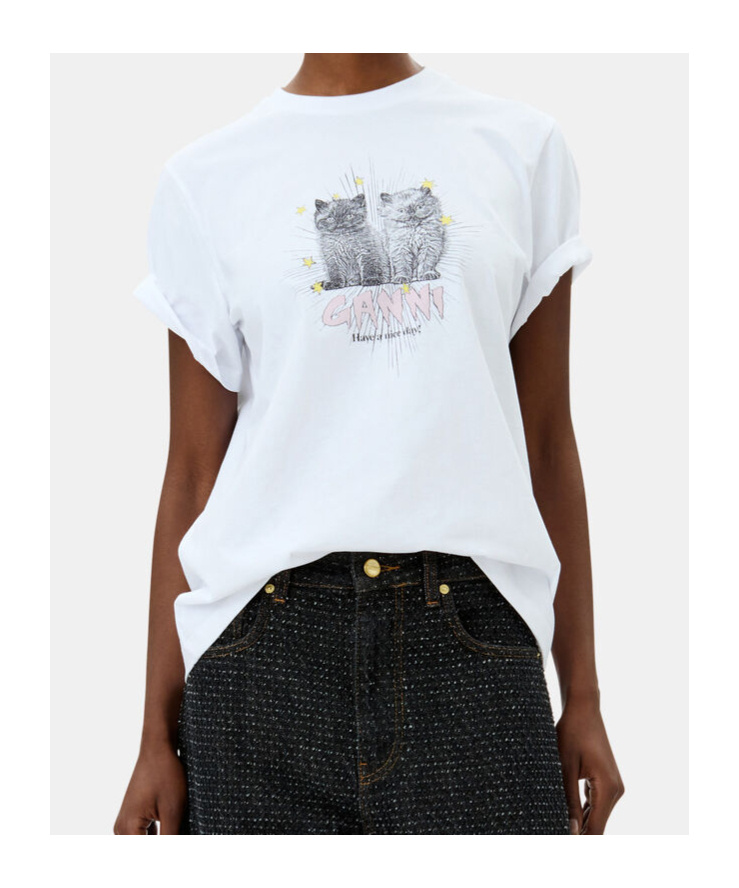 Shop Ganni T-shirt With Colorful Print In White