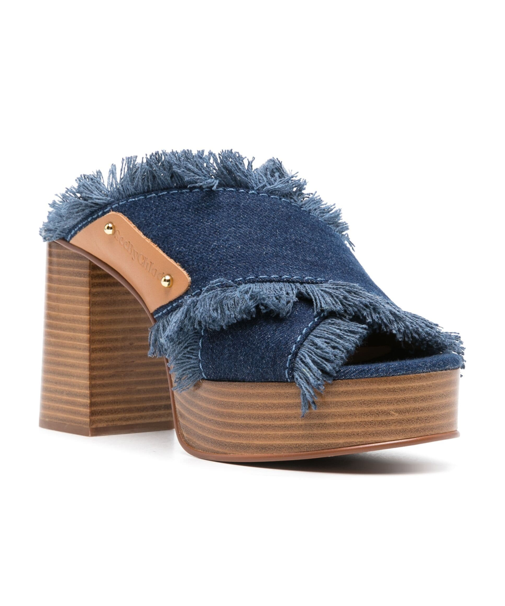 SEE BY CHLOÉ 100MM FRAYED-DETAILING DENIM MULES 
