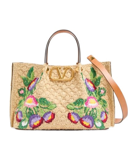 Valentino Garavani Beige Handbag With Metallic Vlogo On The Front And Floral Embroidery In Raffia Wo In Nude