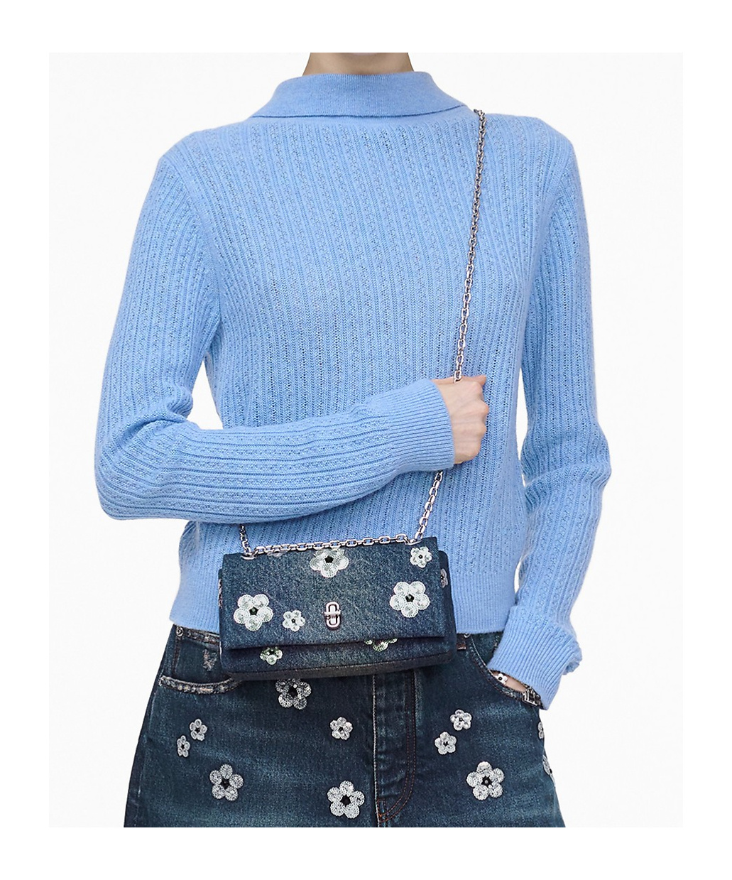 Marc Jacobs The Sequin Daisy Denim Dual Chain Mini Bag In Black