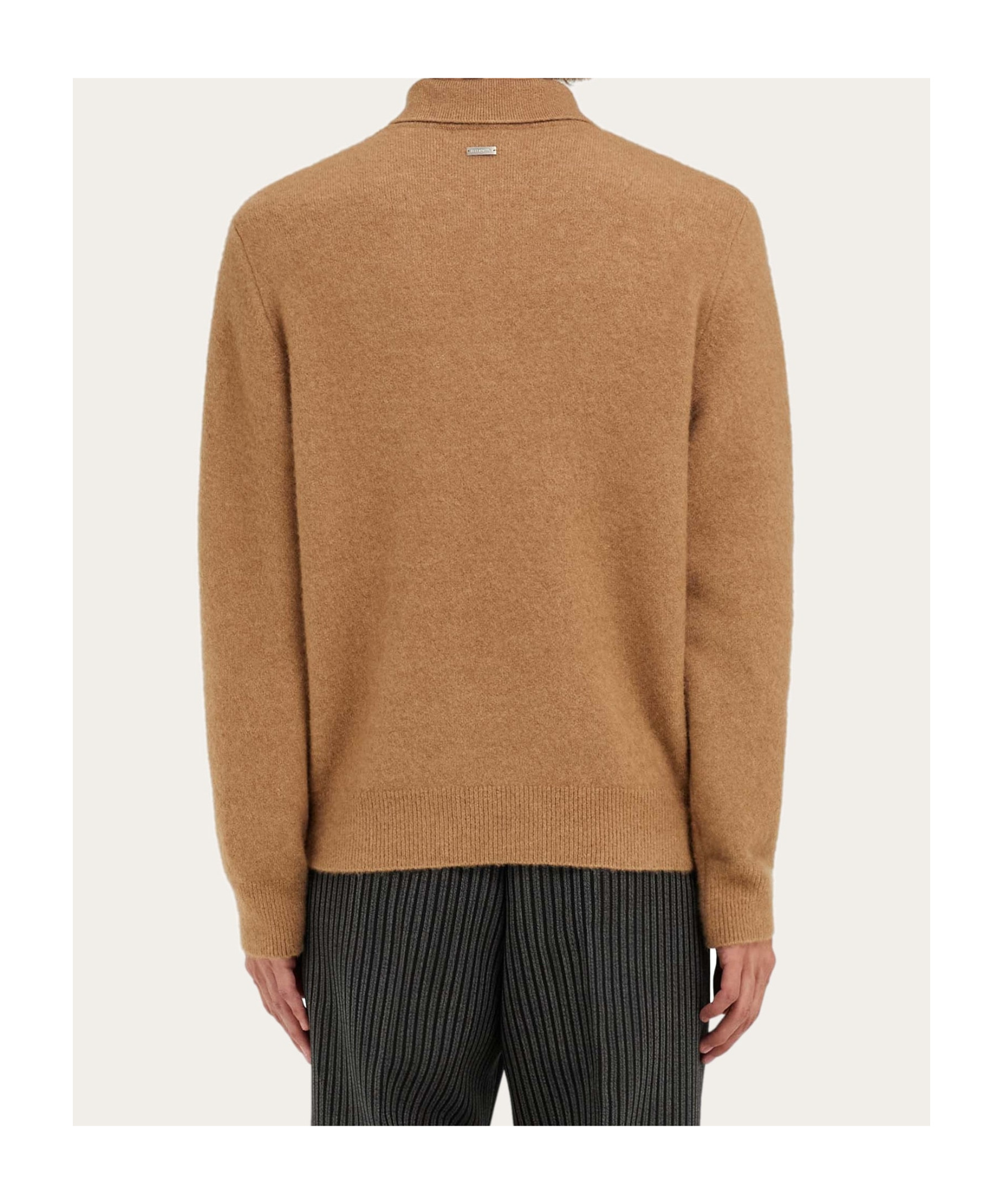 Ferragamo Long Sleeved Camel And Silk Polo Shirt In Brown