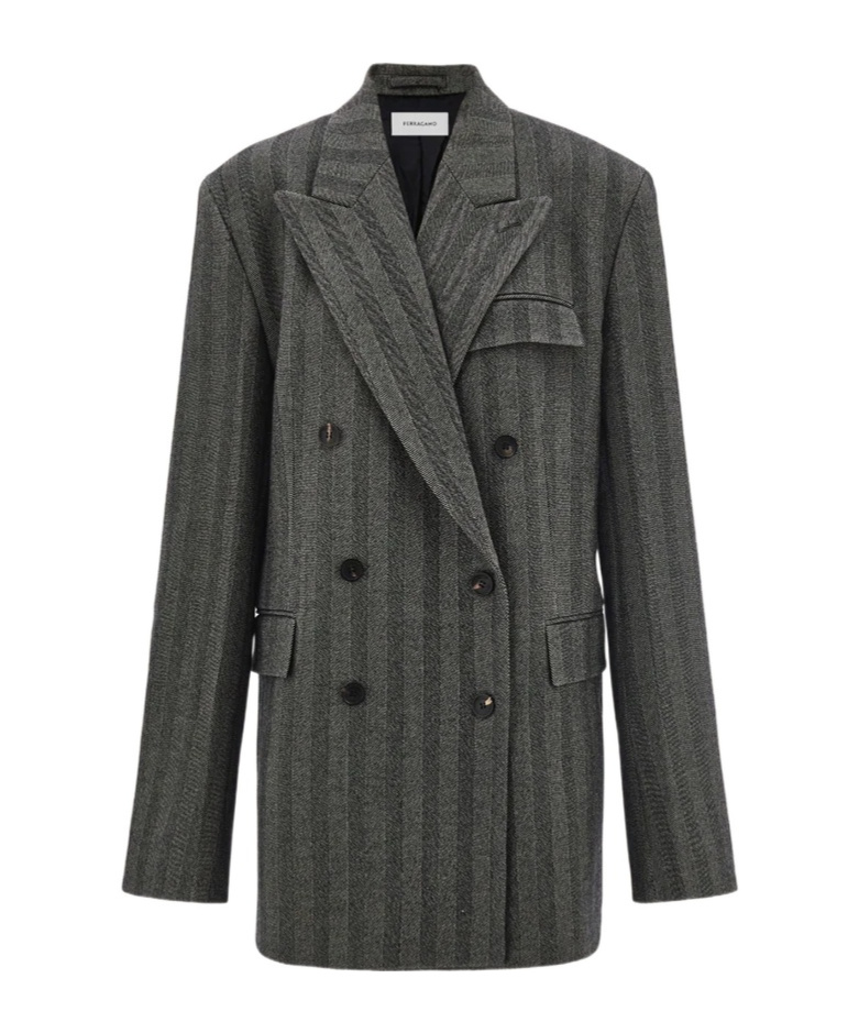 Ferragamo Chevron-pattern Double-breasted Coat In Gray