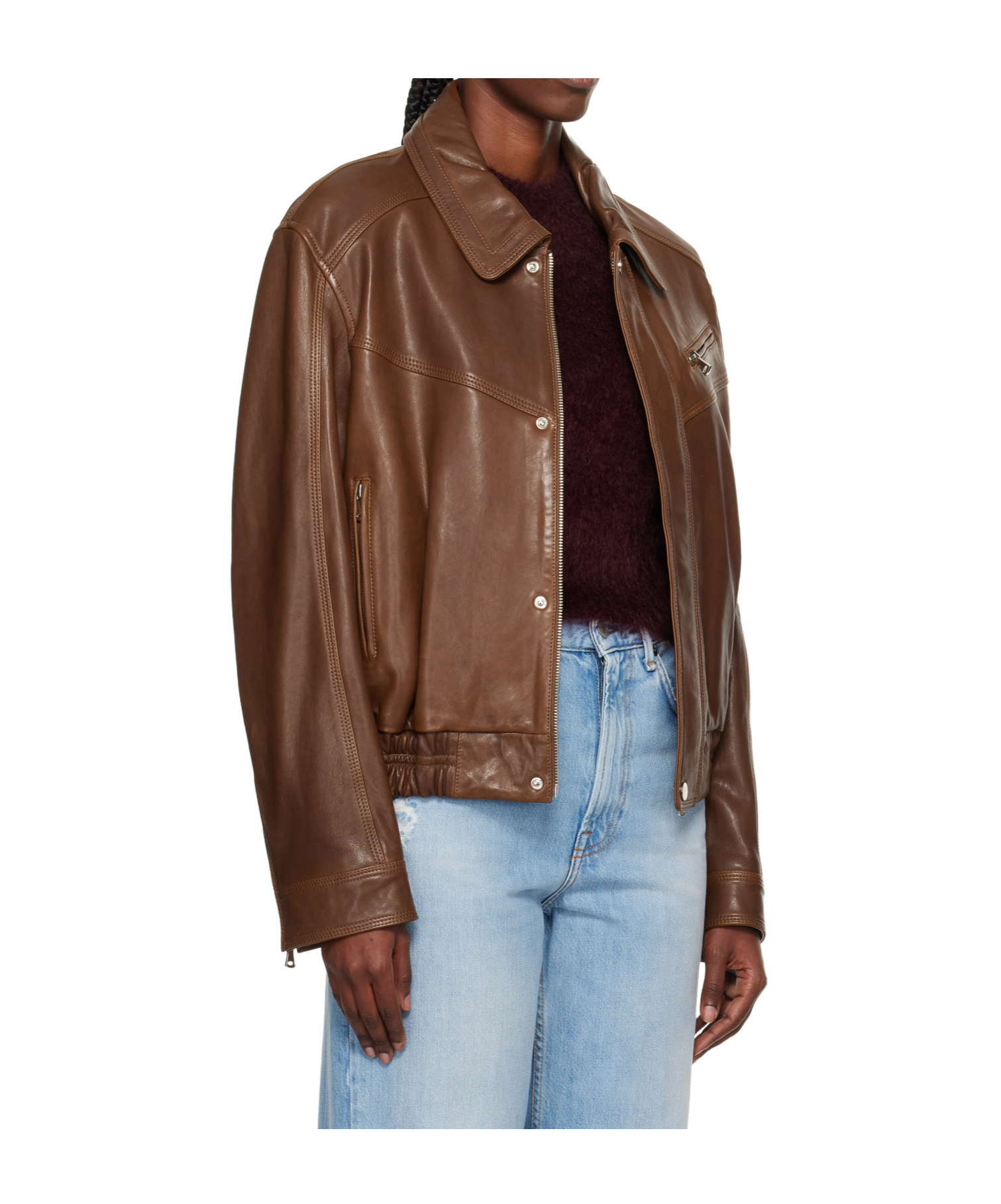 Nour Hammour Long-sleeved Bomber Leather Jacket In Brown