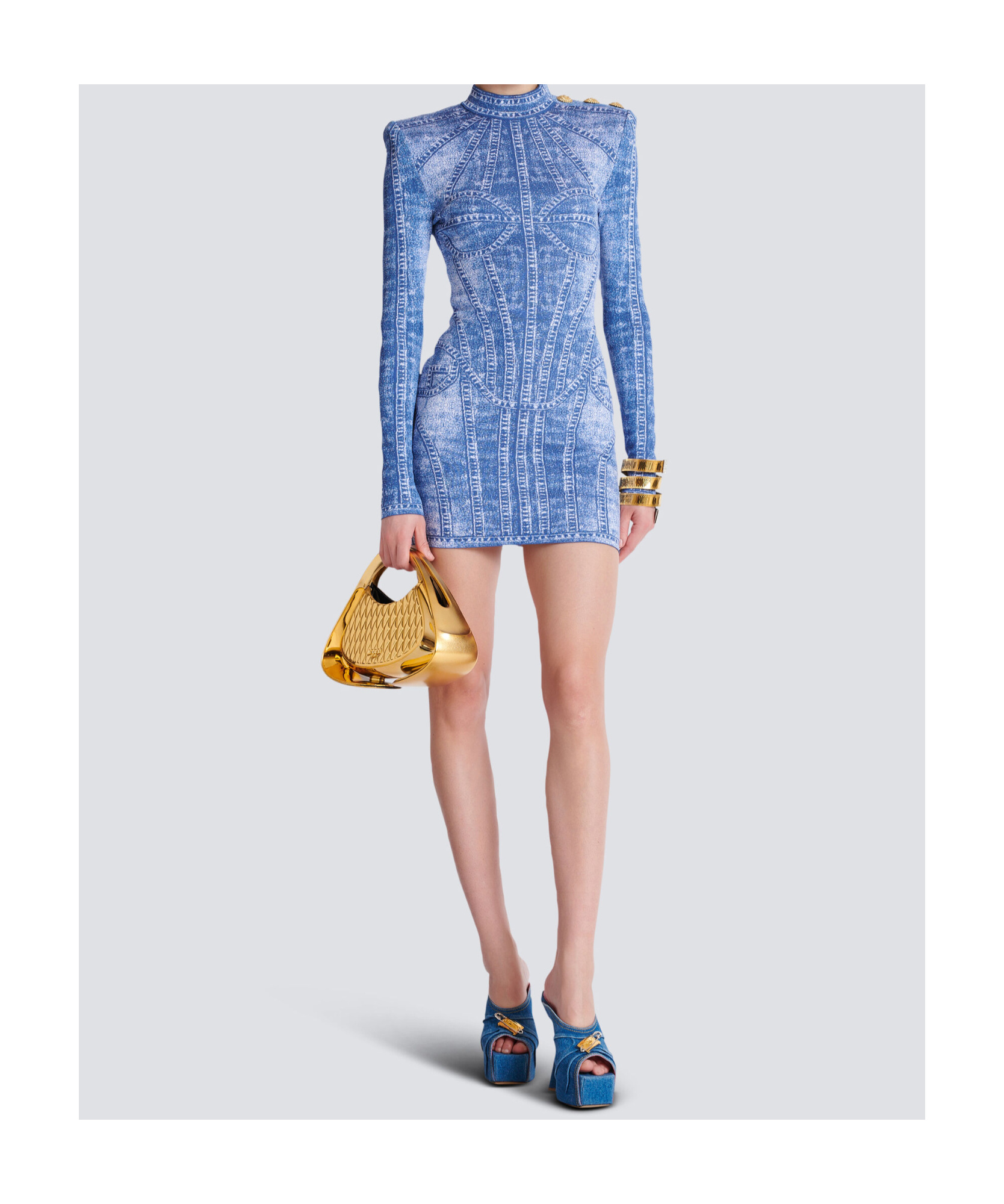 Shop Balmain Short Jacquard Knit Dress With Denim Effect In Blue