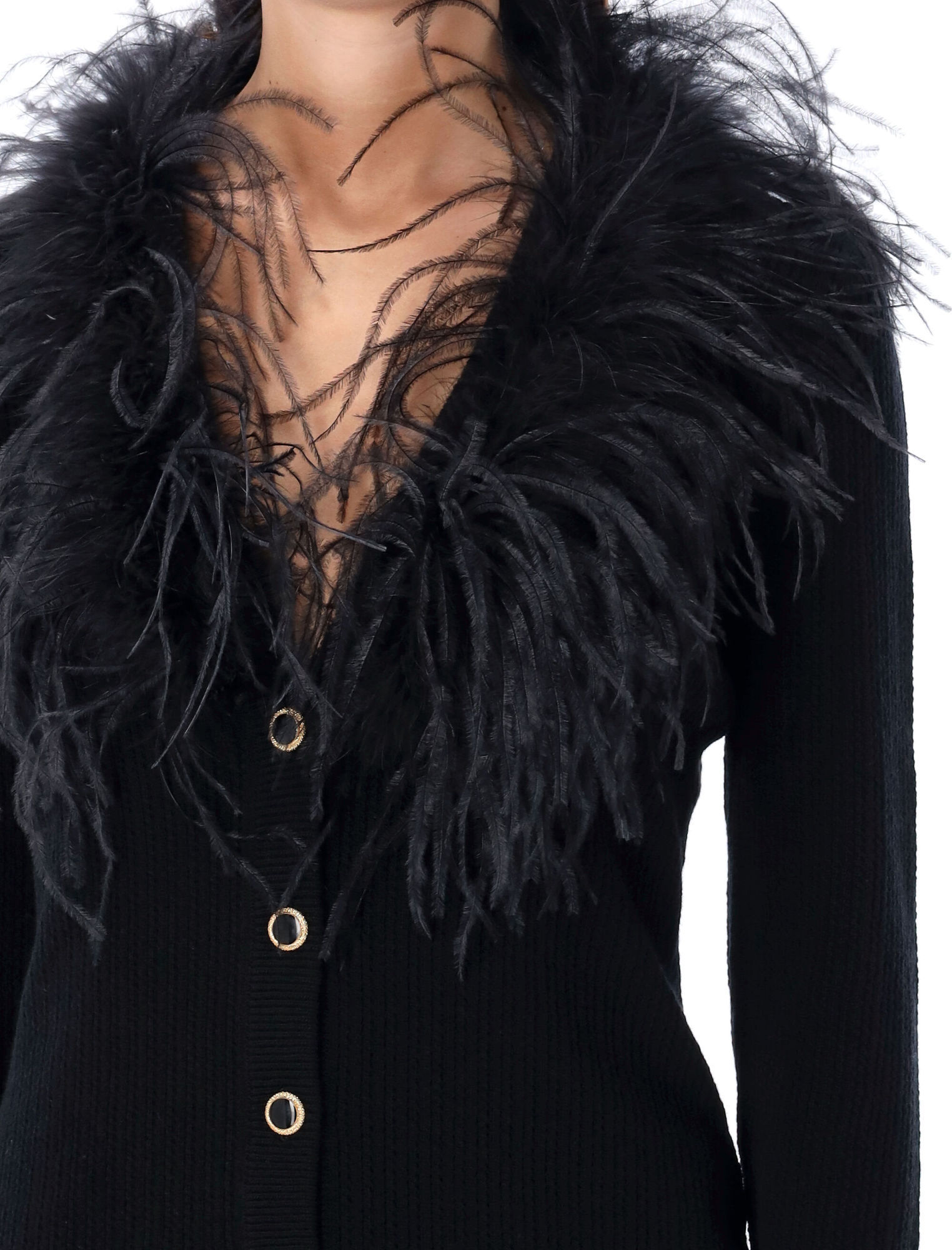 Shop Alessandra Rich Feather-trim Detail Knitted Cardigan In Black