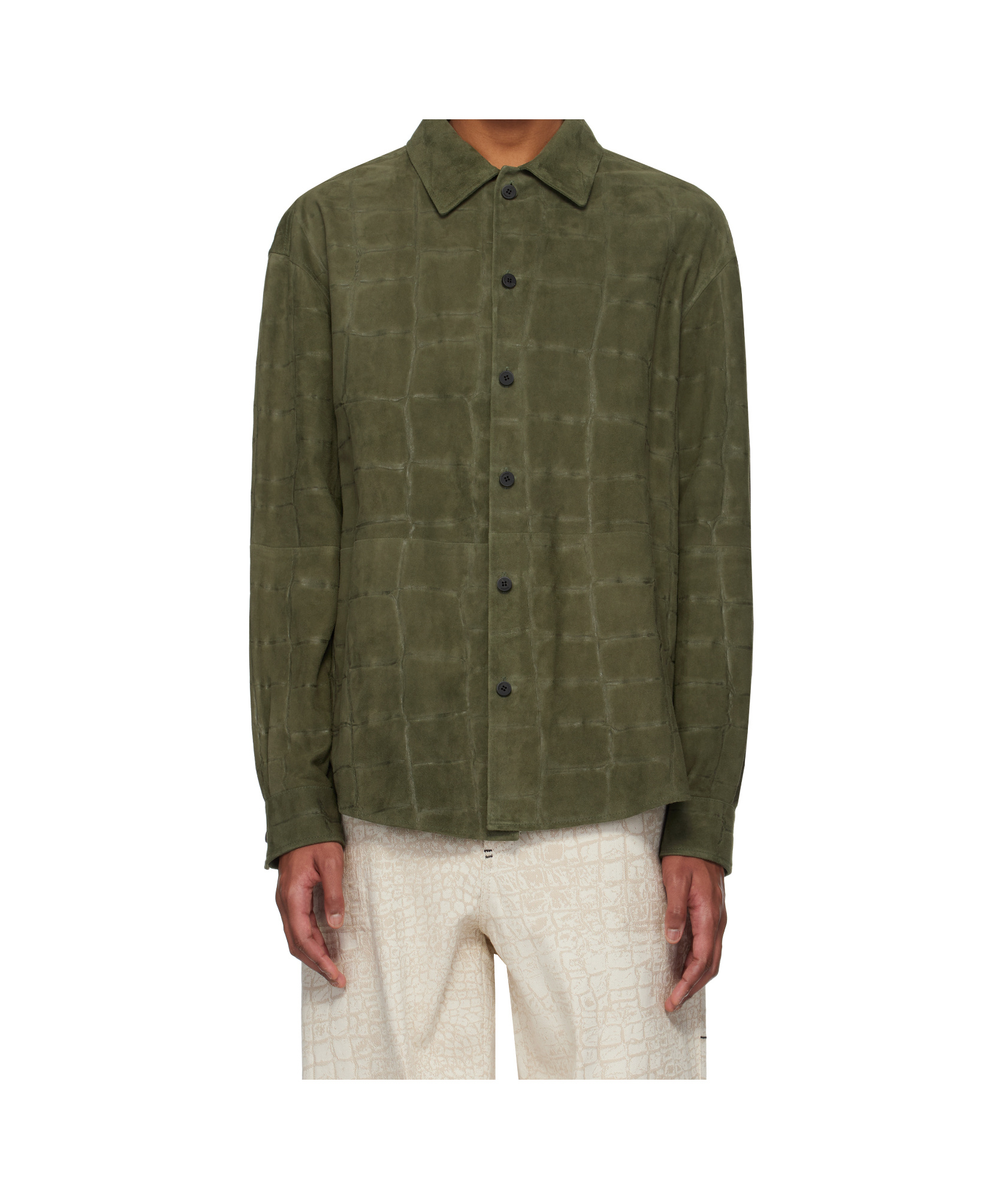 Jacquemus La Chemise Croc Embossed Goatskin Suede Button-up Shirt In Green