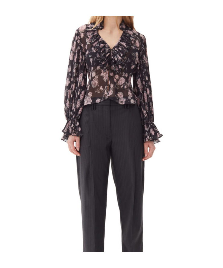 Ganni Floral Print Pleated Blouse In Black
