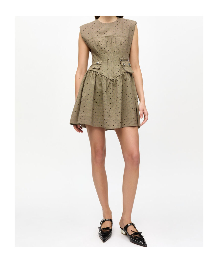 Ganni Flock Check Suiting Corset Mini Dress In Brown