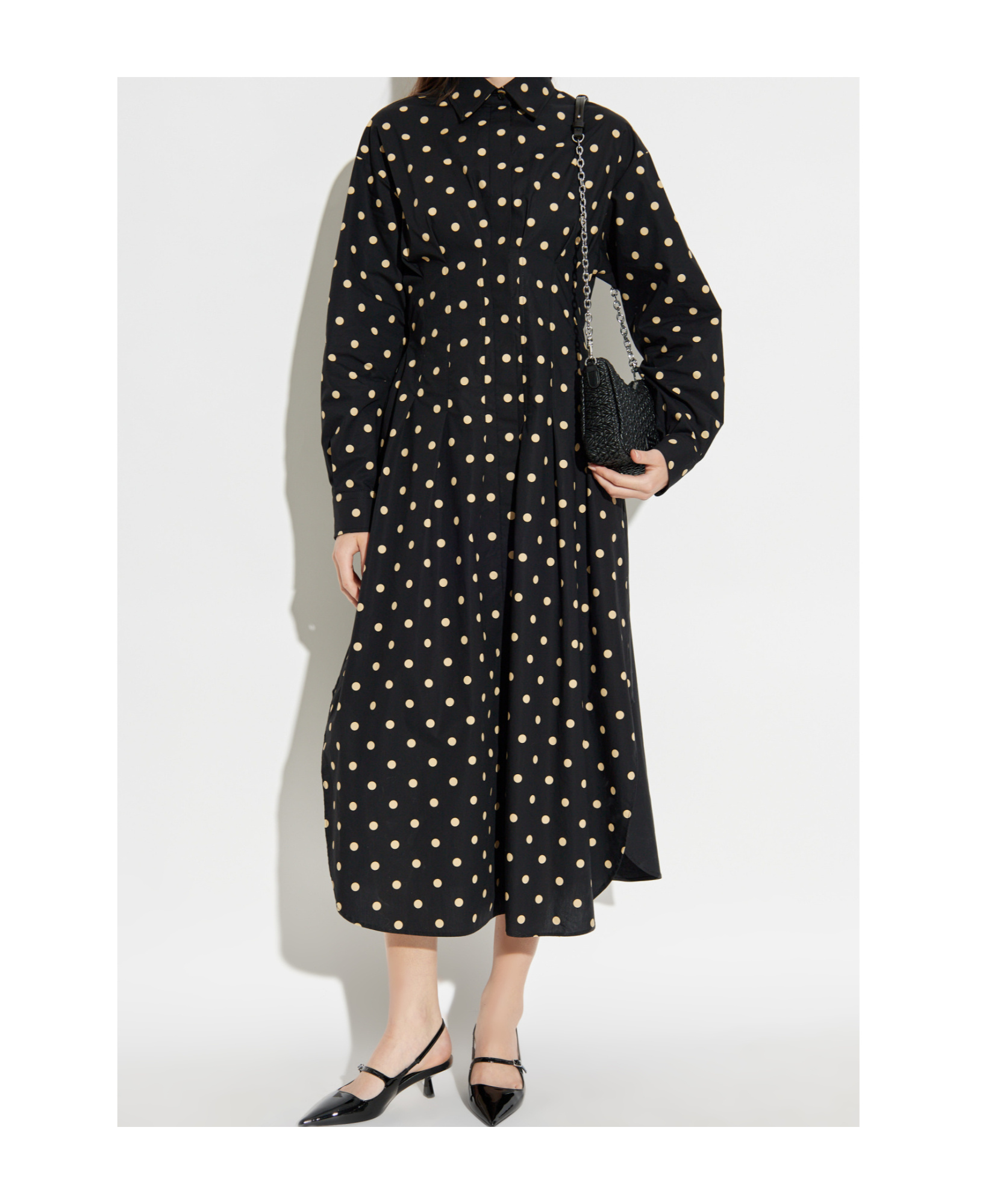 Moschino Pleated Polka Dot Dress With Long Sleeves In Black