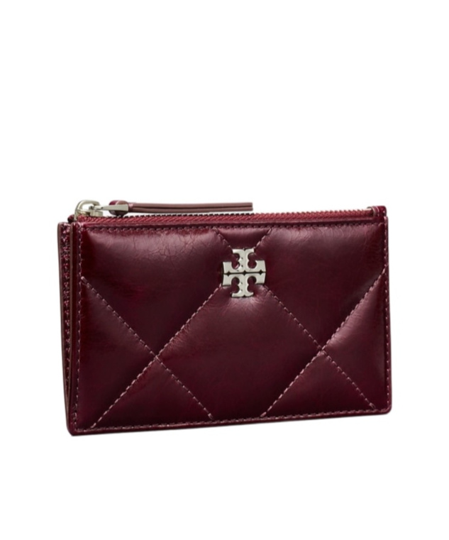 Tory Burch Kira Diamond Quilt Distressed Zip Card Case In Burgundy