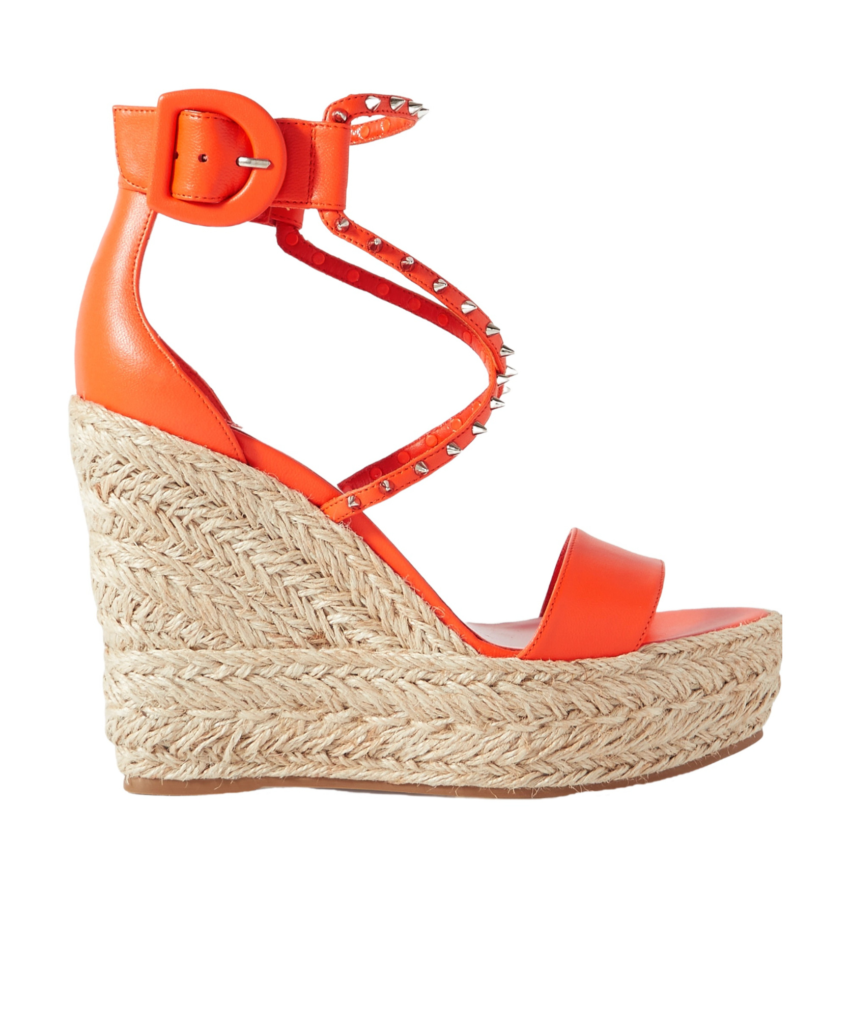 Christian Louboutin Leather Spikes Red Sole Wedge Espadrilles In Nude