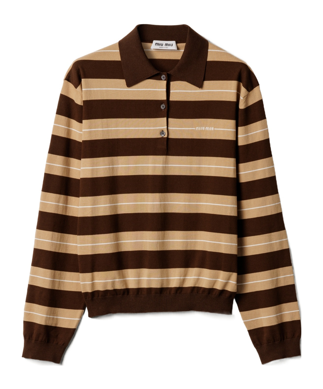 Miu Miu Striped Cotton Knit Long-sleeve Polo In Brown