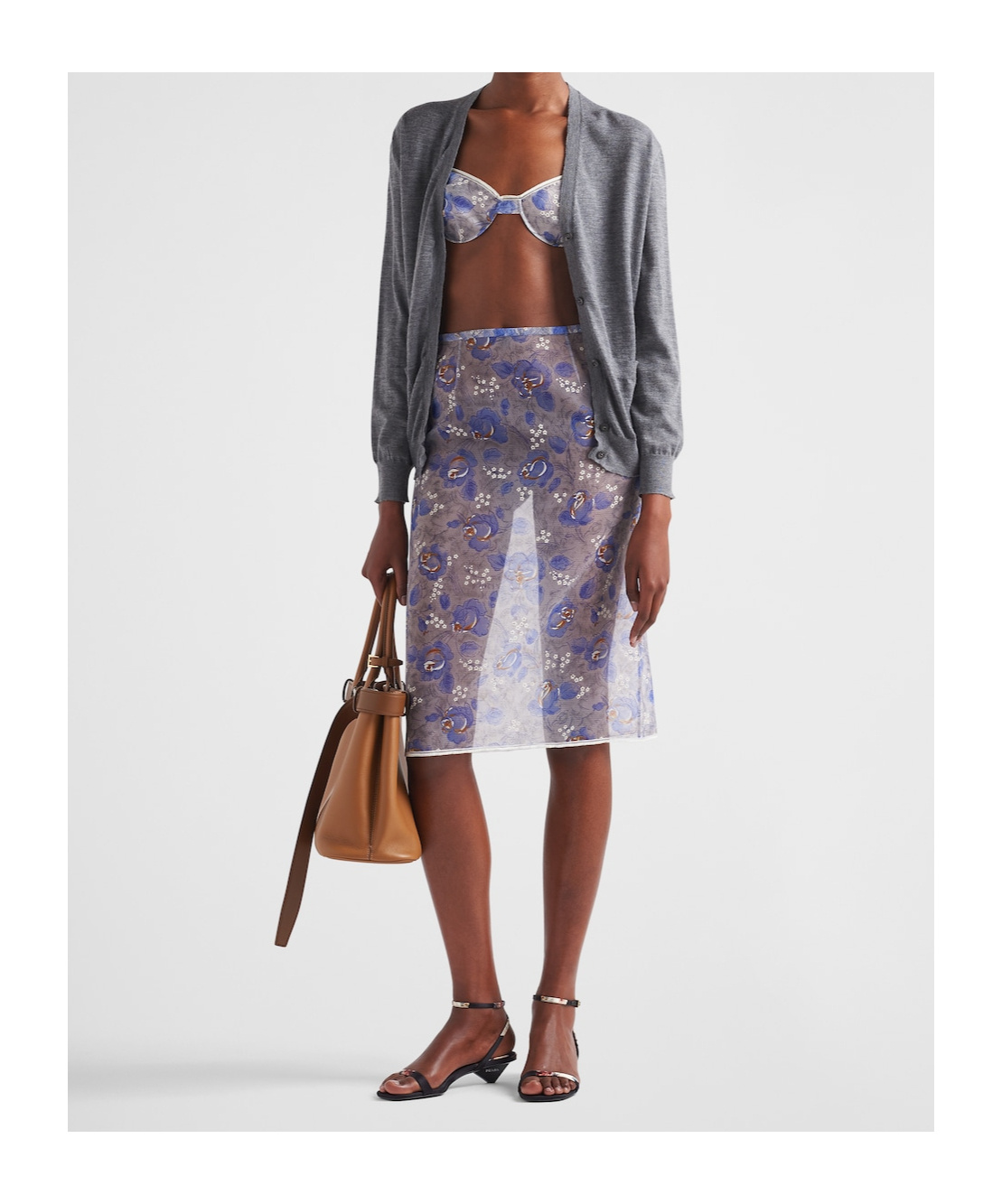 Prada Peony Print Nylonette Skirt Clothing In Blue