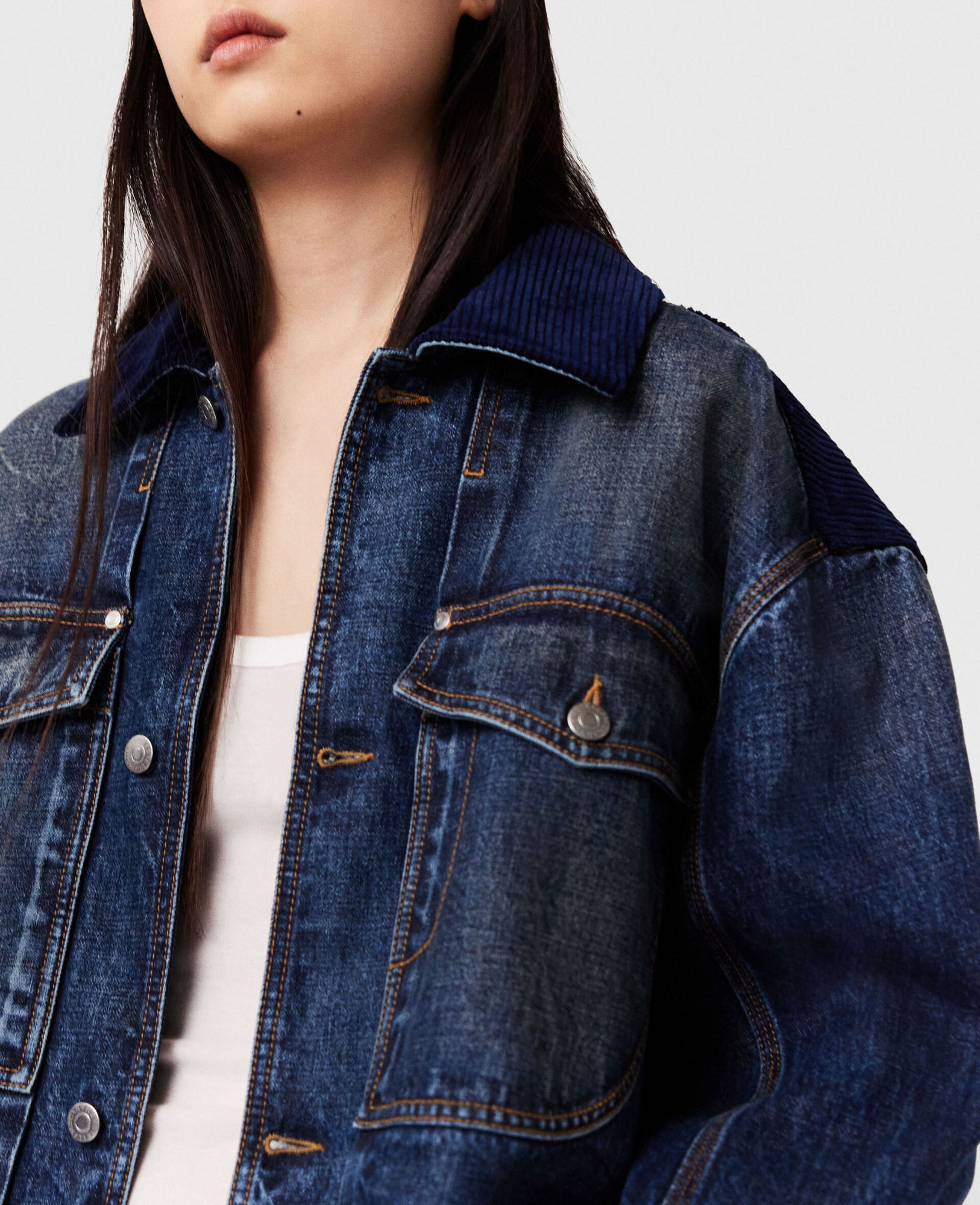 Shop Stella Mccartney Corduroy Panelled Buttoned Denim Jacket In Blue