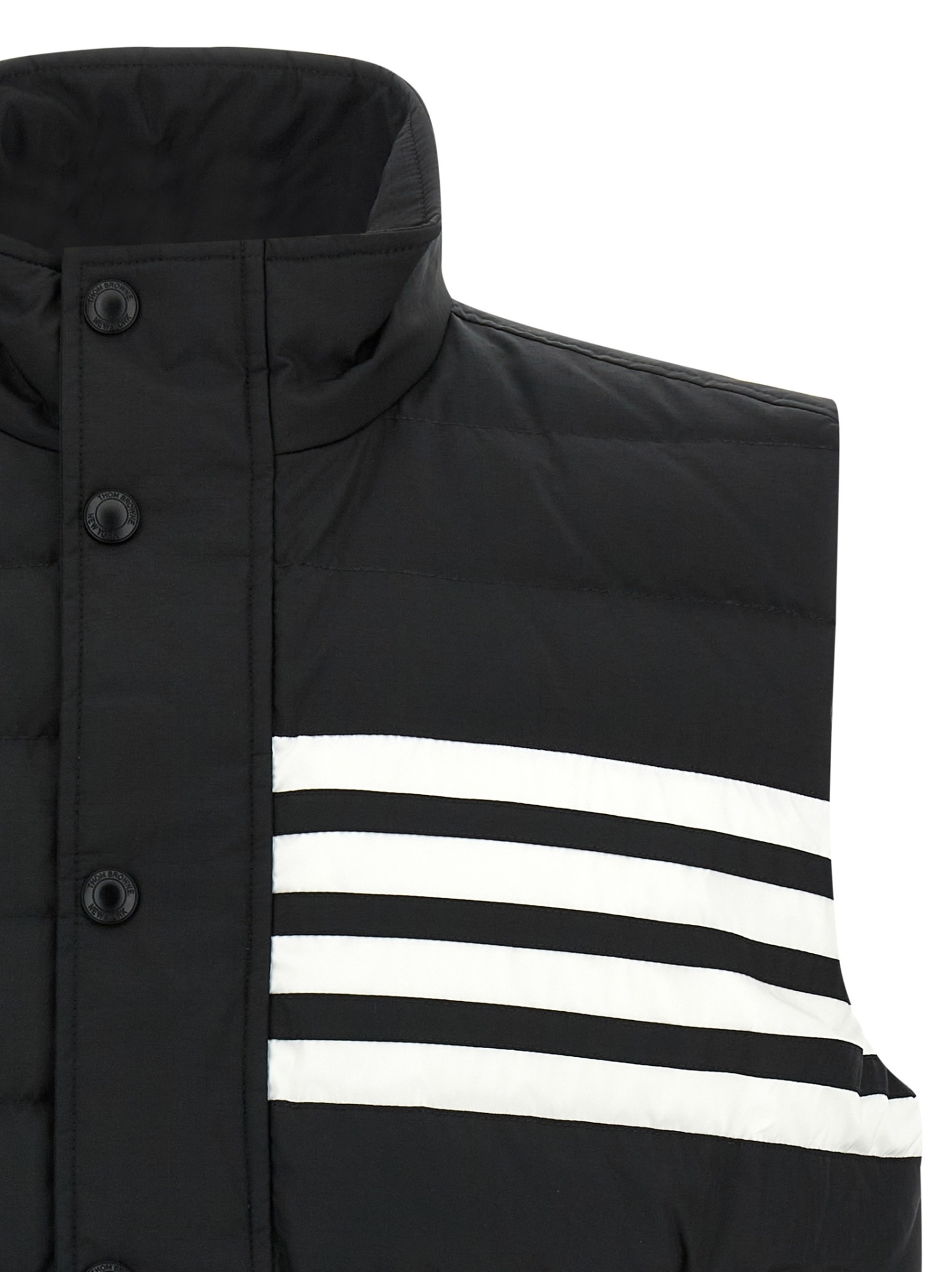 Thom Browne Striped High Neck Padded Sleeveless Vest In Black