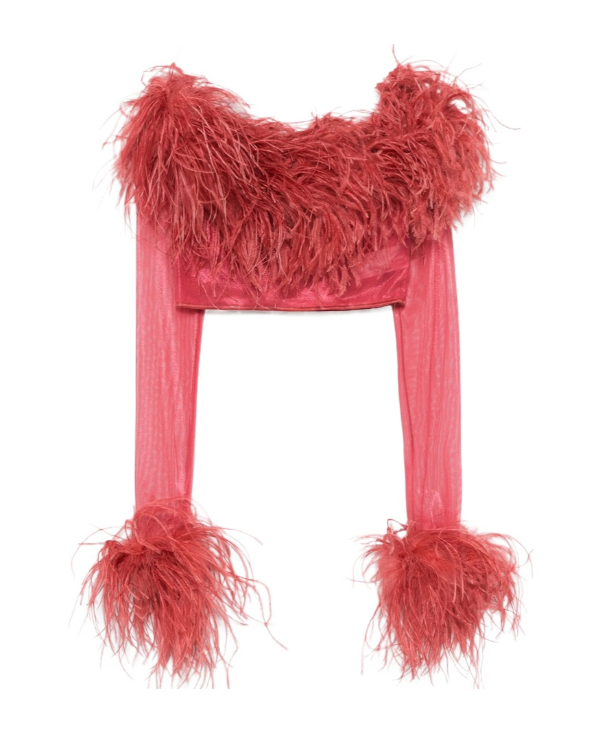 Oseree Feather-trim Cropped Top In Pink