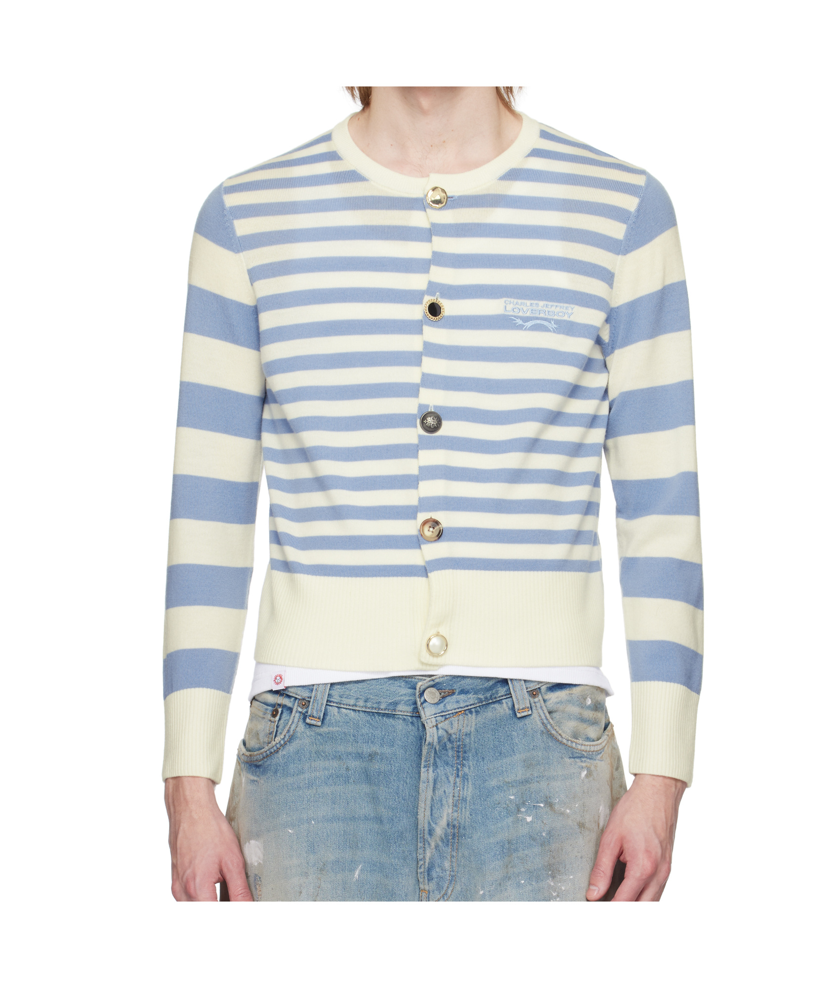 Charles Jeffrrey Loverboy Button Down Cardigan In Blue Stripes