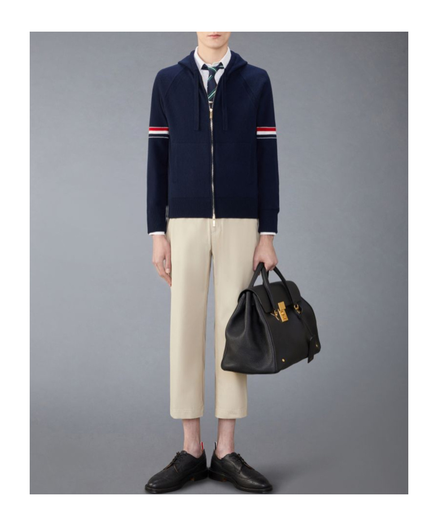 Thom Browne Zip-up Hoodie With Drawstring And Contrast Stripes In Black