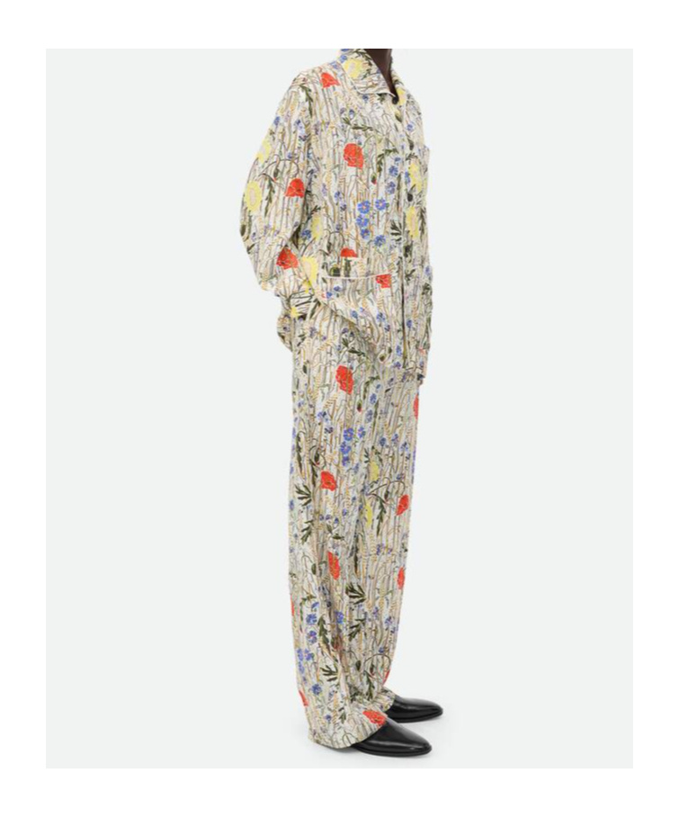 Bottega Veneta Womens Chalk Hibiscus Khaki Flower-print Wide-leg High-rise Woven-blend Pyjama Set In Nude