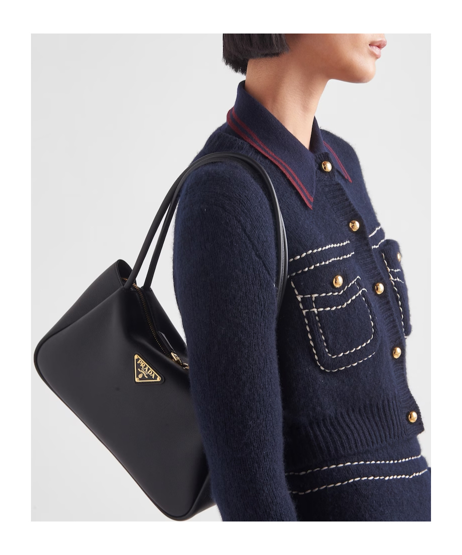Prada Medium Zip Grain Leather Shoulder Bag In Black
