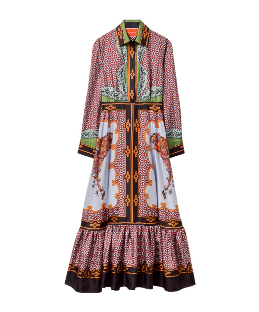 La Doublej Long-sleeved Patterned Silk Midi Day Dress In Pink