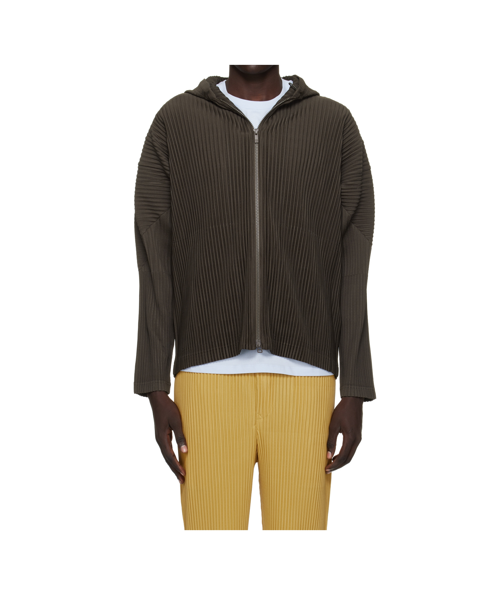 Issey Miyake Pleated Hooded Jacket In Brown