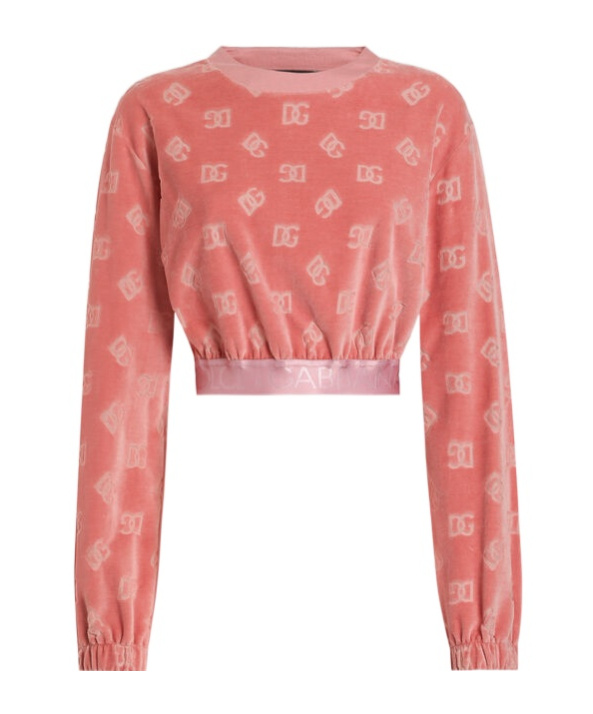 Dolce & Gabbana Short Chenille Jacquard Sweatshirt With Jacquard Dg Logo In Pink