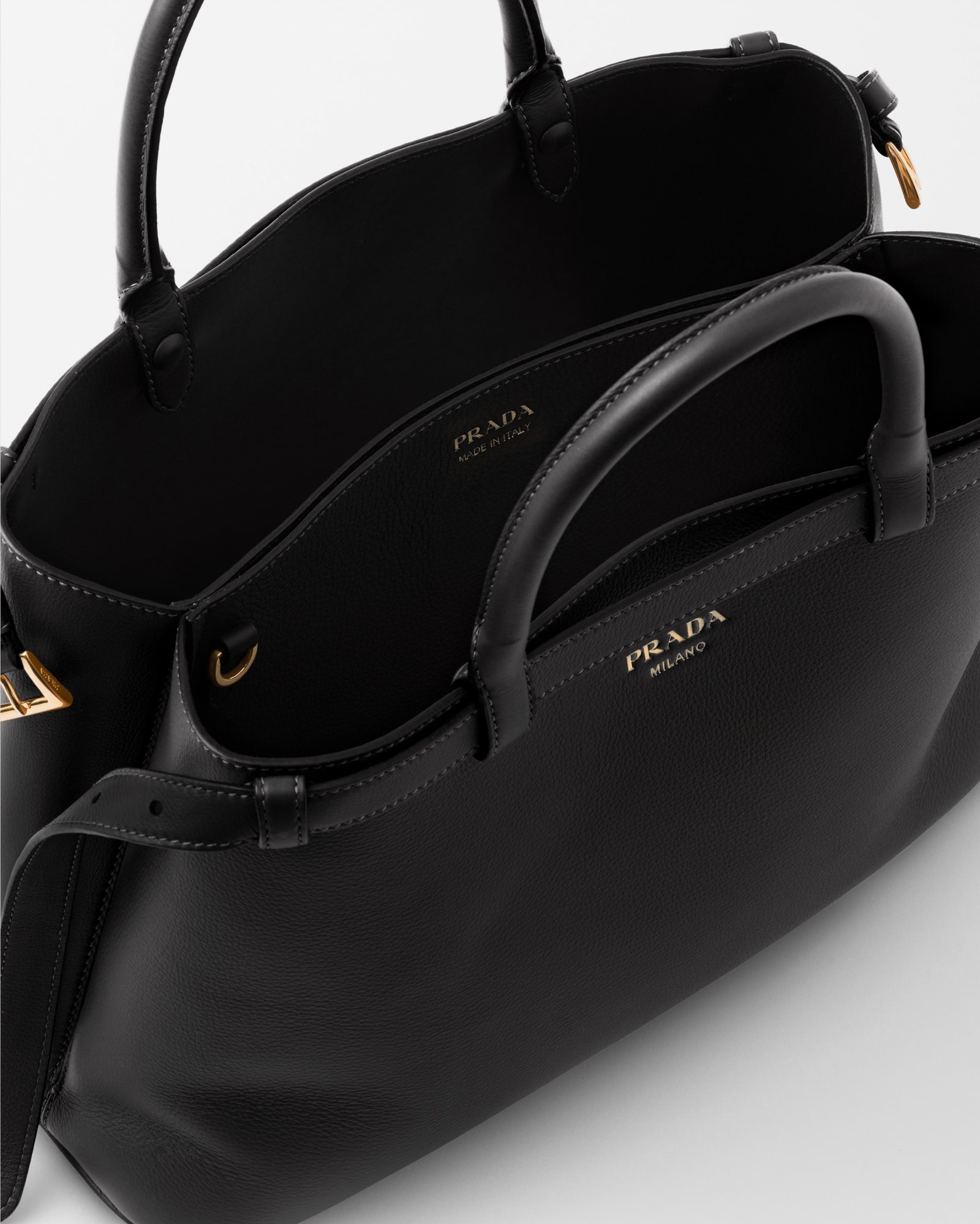 Shop Prada Medium Leather Handbag With Belt In Black
