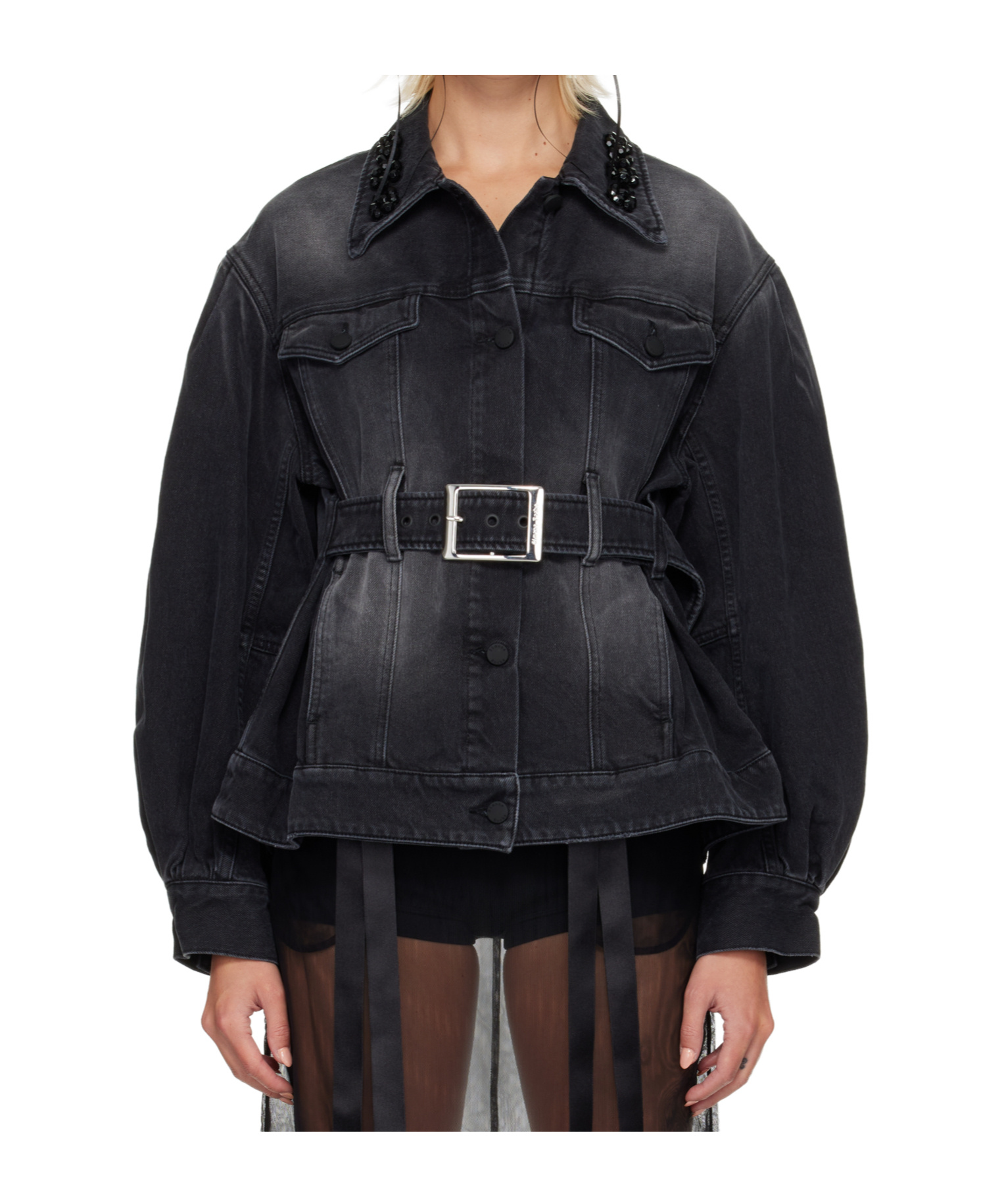 Simone Rocha Denim Jacket With Decorative Carved Belt Details In Black