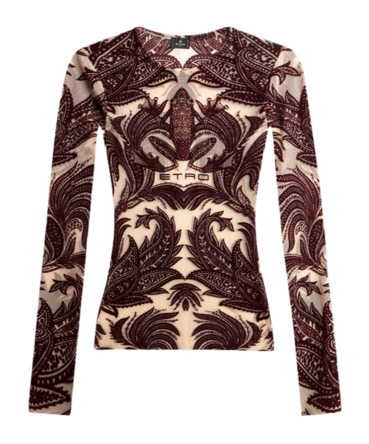 Etro Red Frog Motif Flocked Tulle Top In Brown