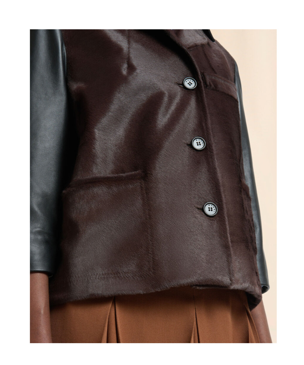 Marni Black Leather And Pony Hair Jacket In Brown