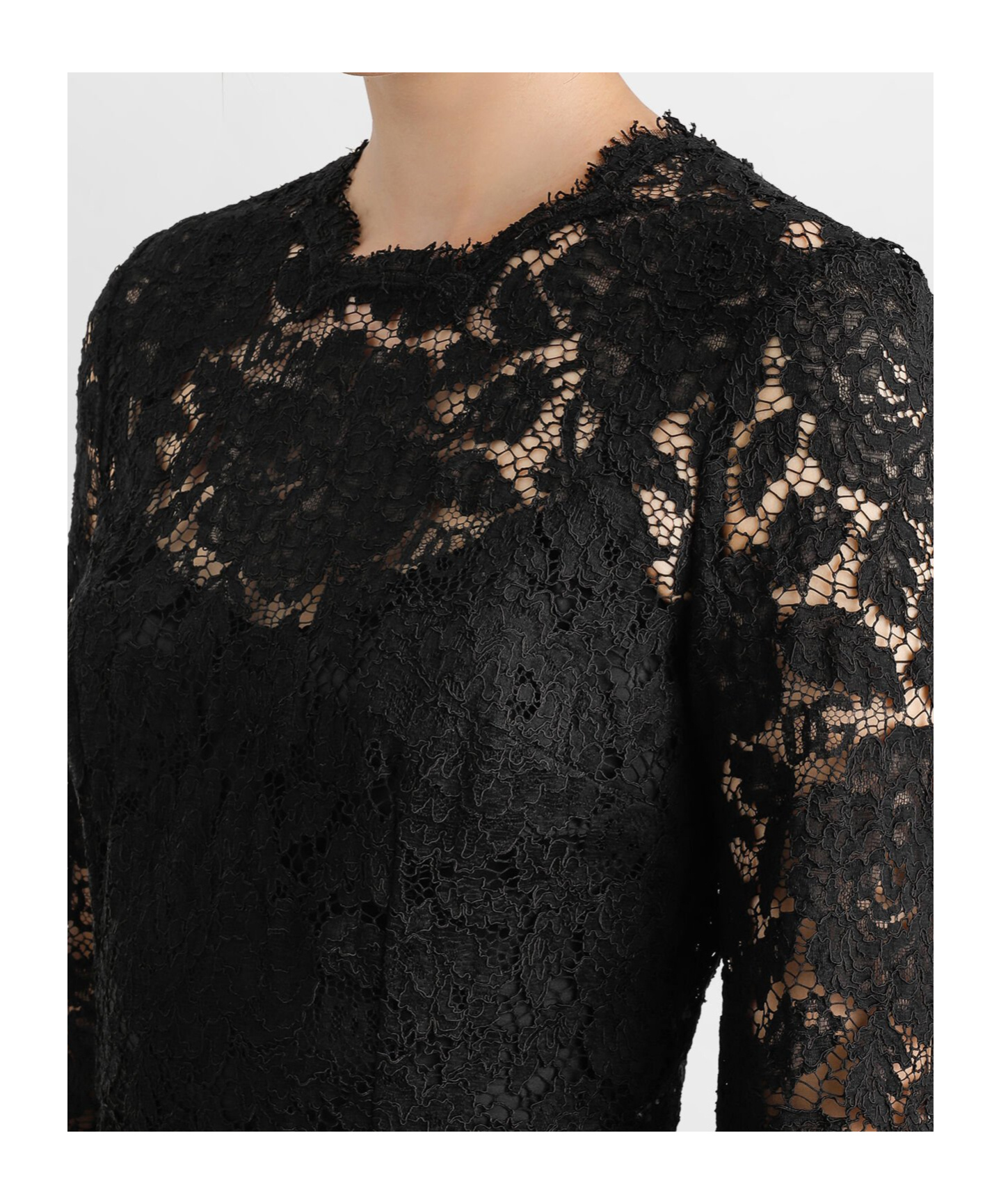 Dolce & Gabbana Long-sleeved Calf-length Dress In Branded Stretch Lace In Black