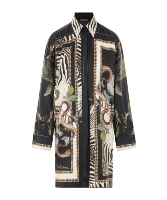 Roberto Cavalli Long Shirt With Zebra And Snake Print In Black