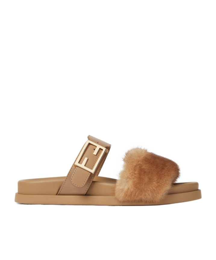 Fendi Light Brown Leather And Mink Slides