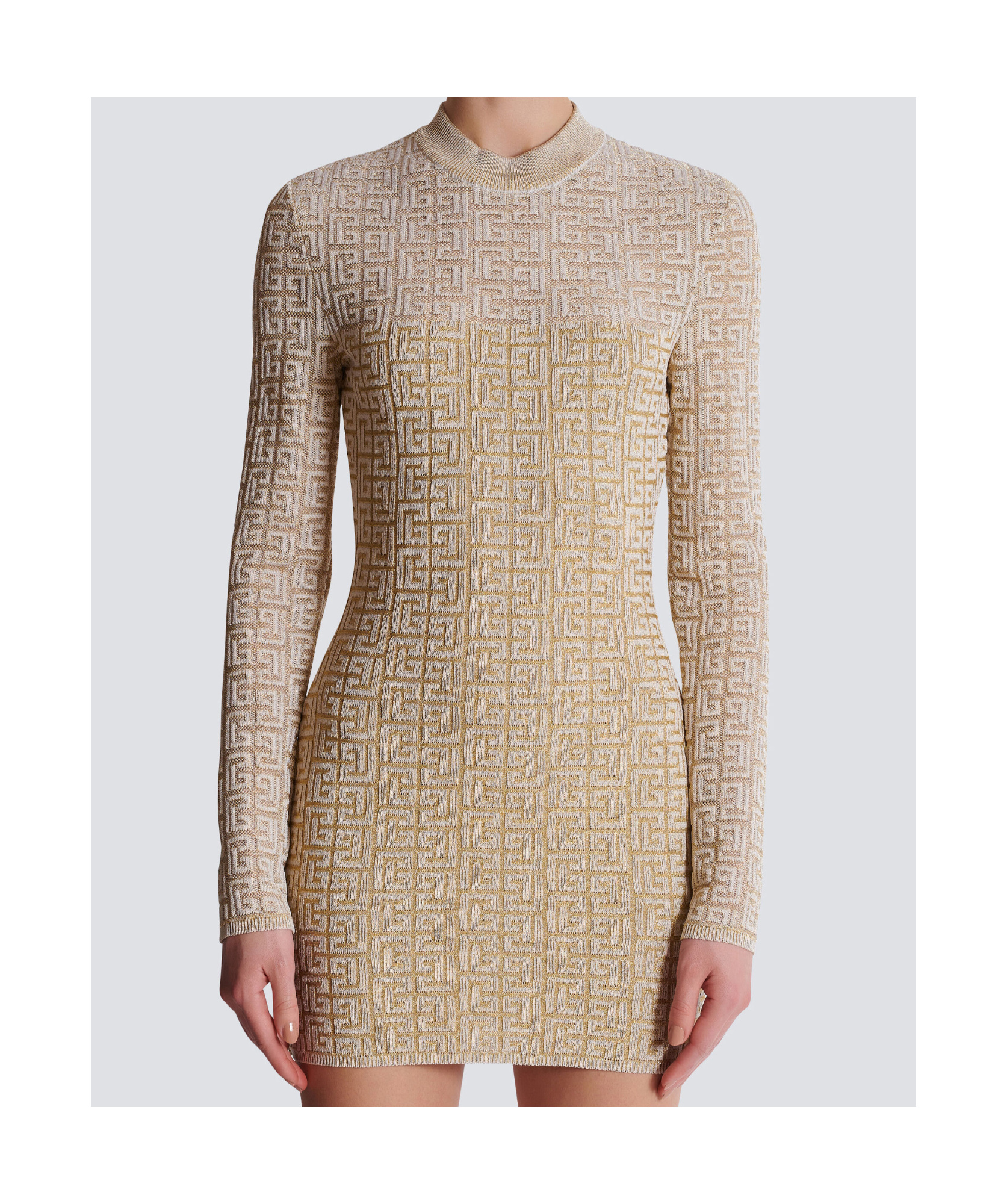 Balmain Labyrinth Monogram Long-sleeved Dress In Nude
