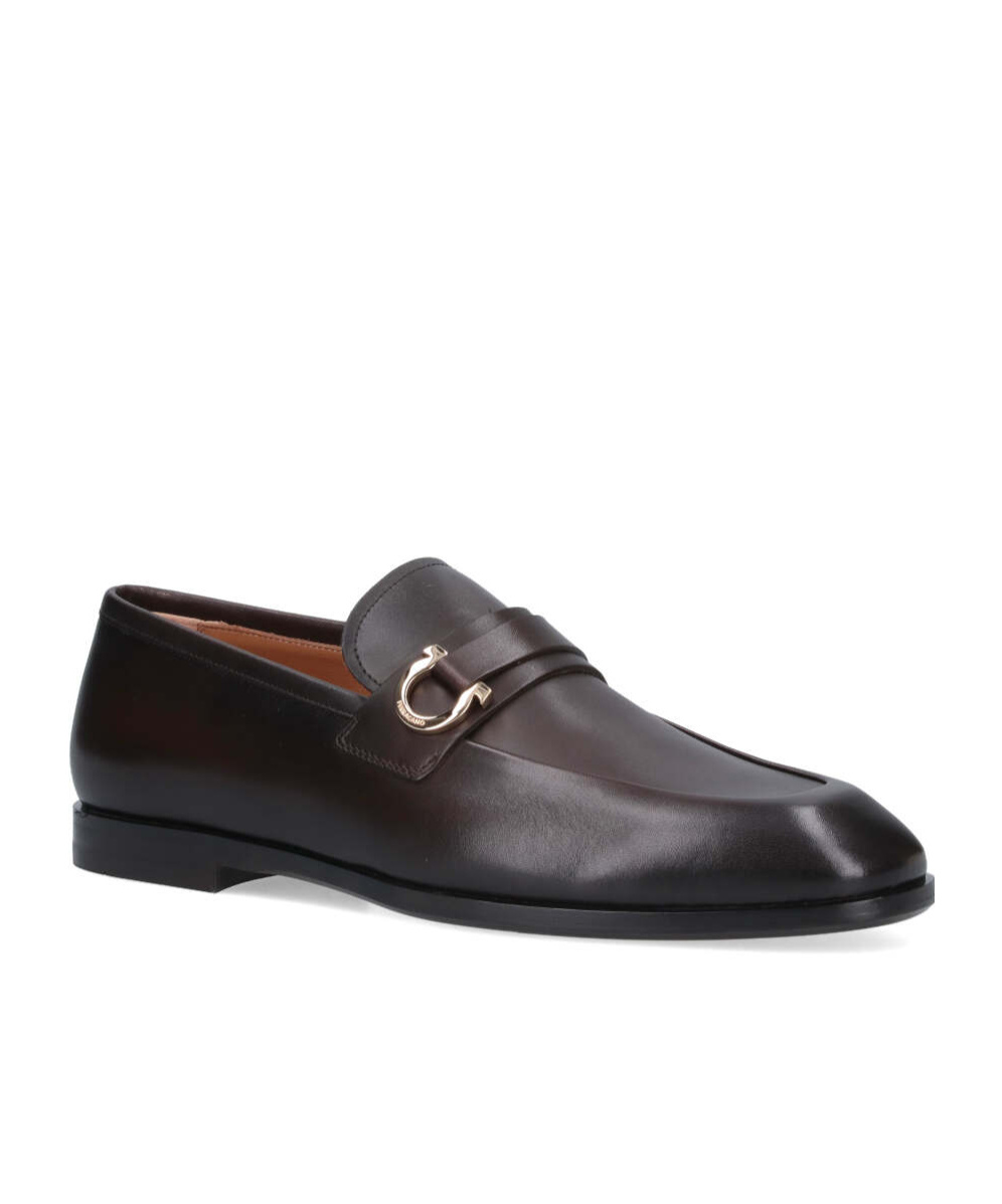 Ferragamo Gancini Loafers In Brown Leather Square Toe In Black