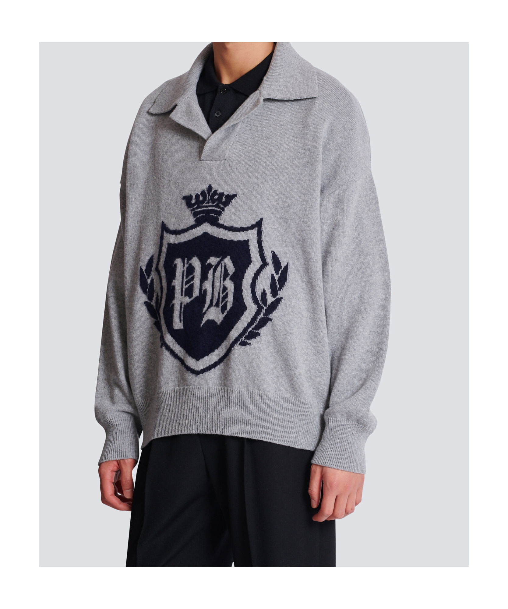 Balmain College Emblem Polo Sweater In Eco-cashmere In Gray