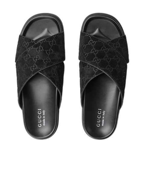 Gucci Men Black Suede Slippers In Black