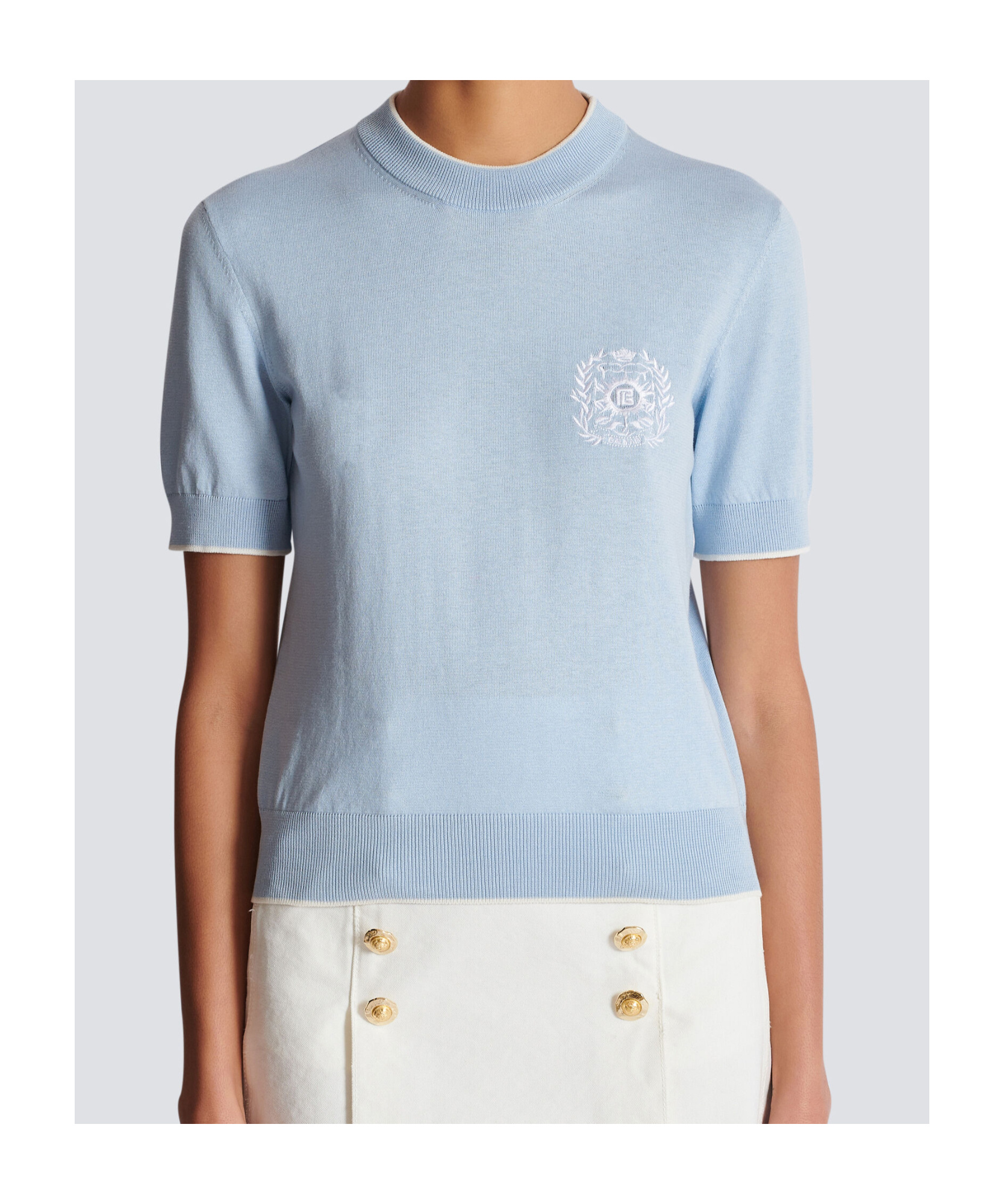 Balmain Knit Crewneck With Short Sleeves And Striped Tipping In Blue