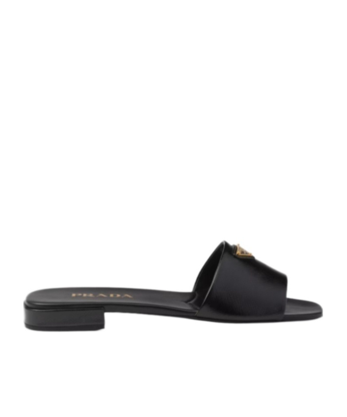 Prada Triangle-logo Leather Slides In Black