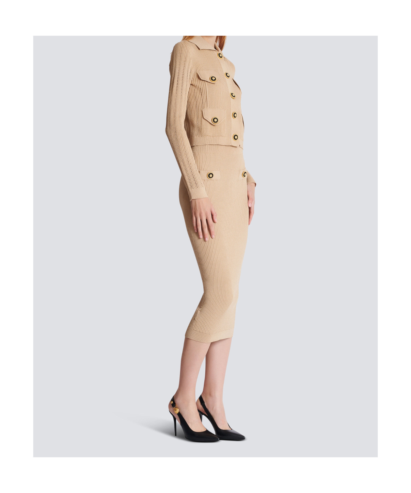 Shop Balmain Cropped Ribbed Knit Cardigan With Openwork Details In Nude