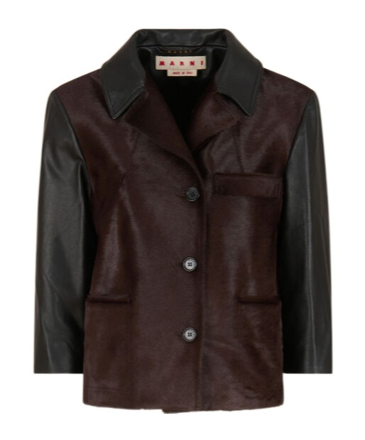 Marni Black Leather And Pony Hair Jacket In Brown