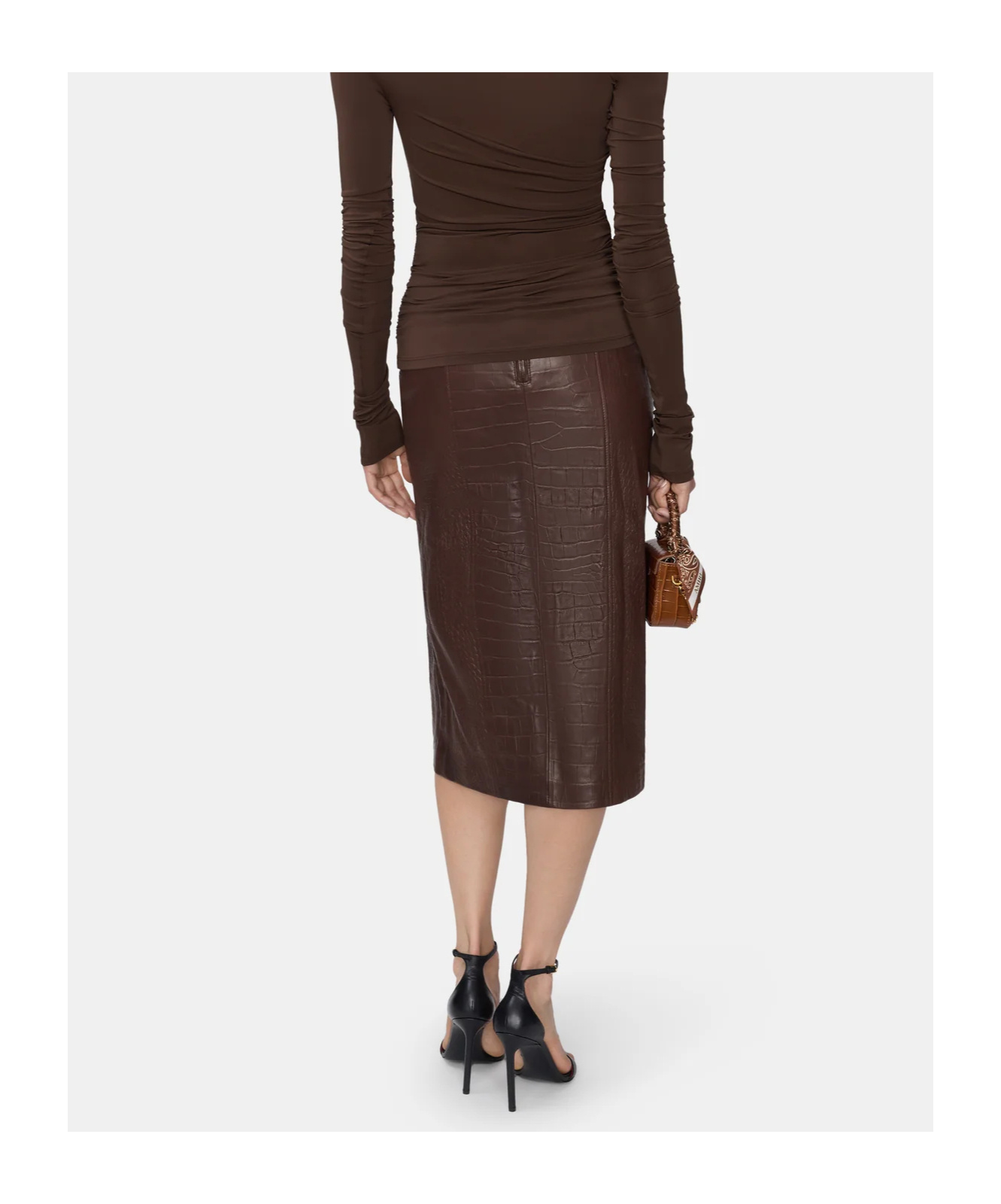 Amiri Crocodile-effect Leather Midi Skirt In Brown