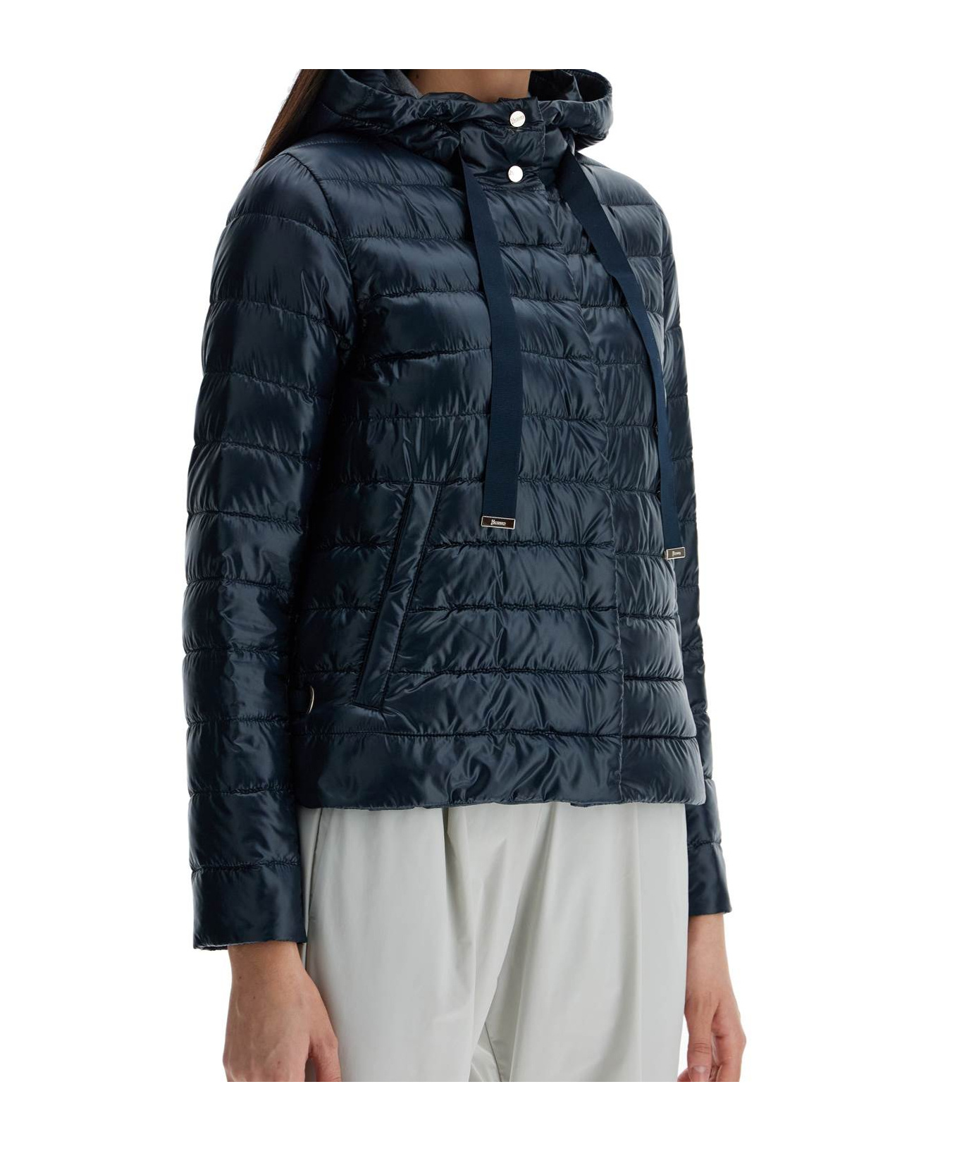 Herno Cropped Down Jacket With Hood In Ultralight Dark Blue Nylon In Blue