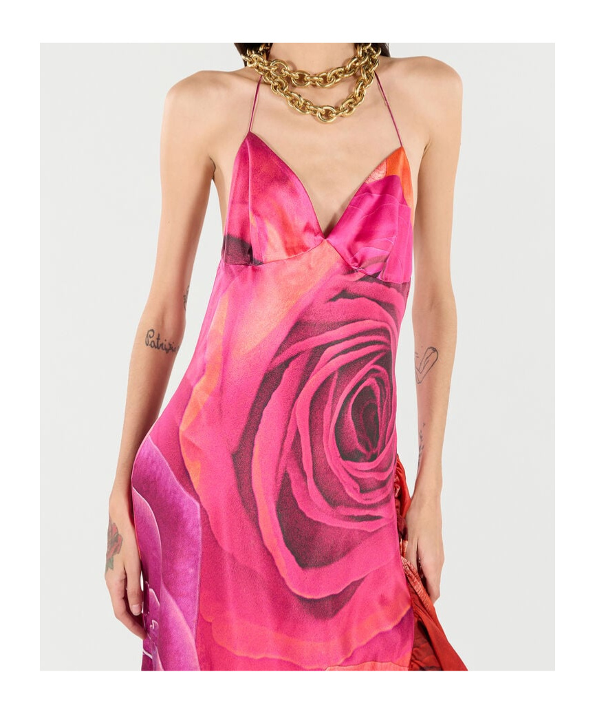 Shop Roberto Cavalli Dress With Rose Print And Flounces