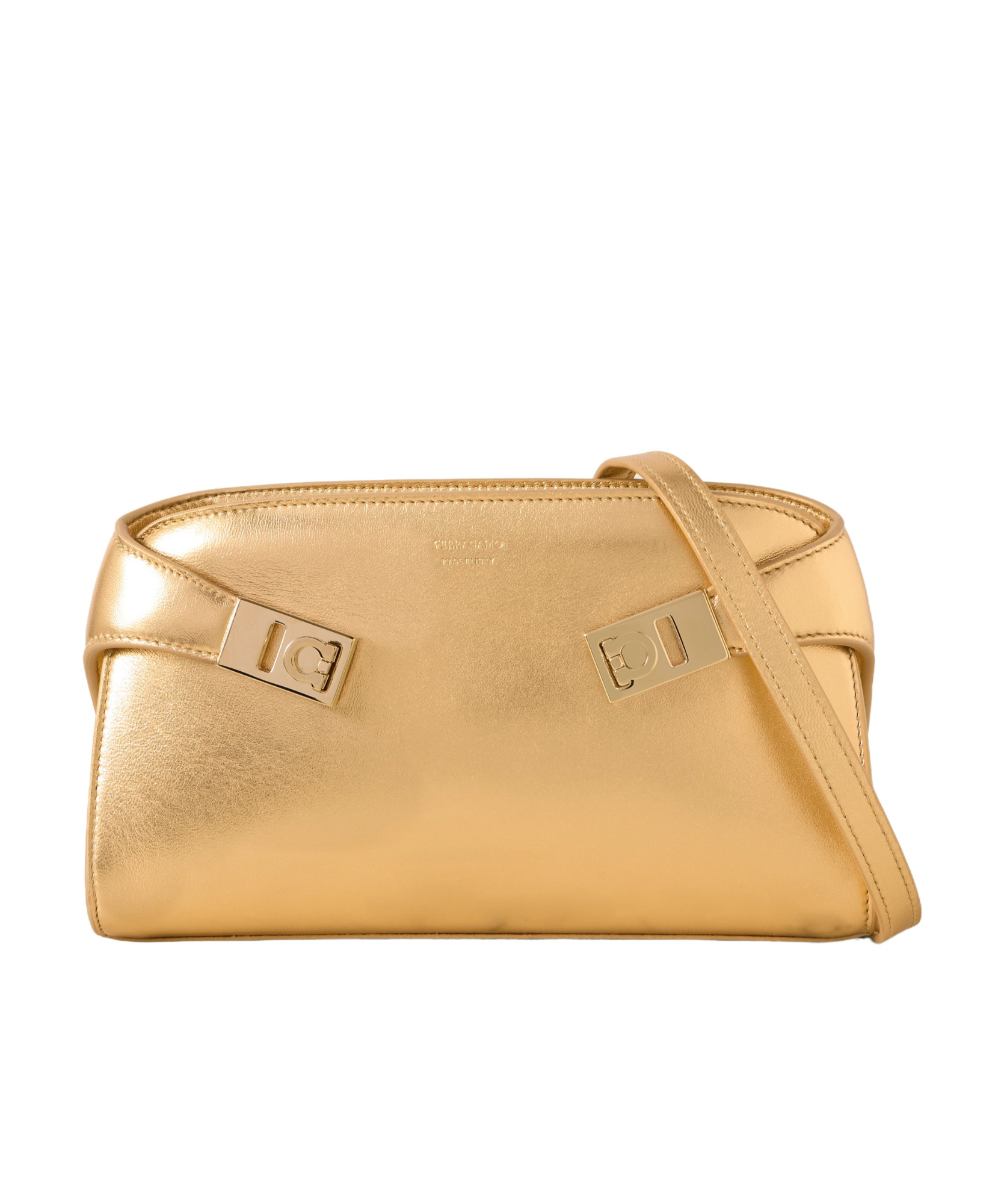 Ferragamo Hug Embellished Metallic Shoulder Bag In Golden