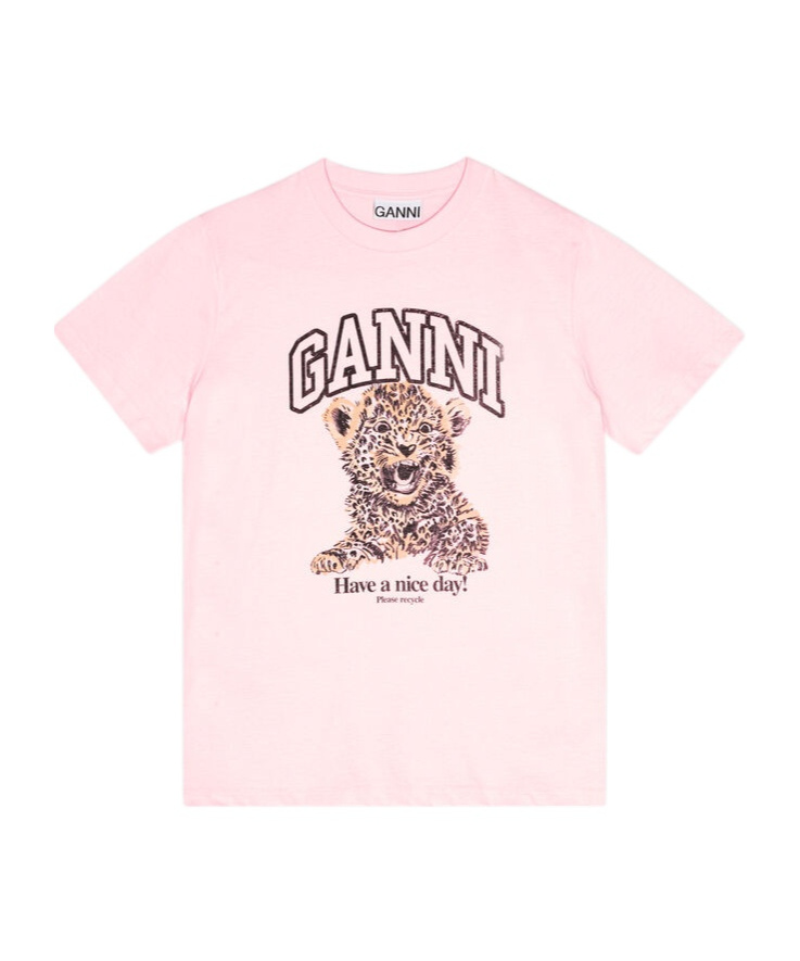Ganni Crew Neck Graphic Print Relaxed Fit Tops In Pink
