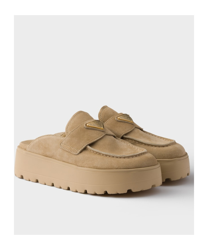 Prada Suede Flatform Mules In True Color