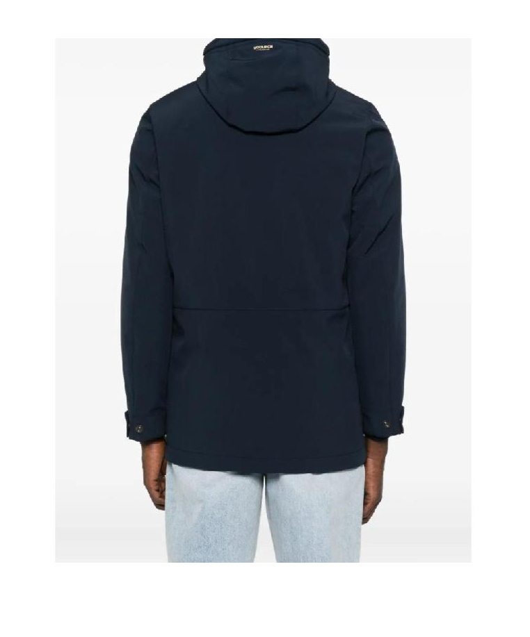 Woolrich Navy Blue Hooded Jacket With Concealed Fastening In Animal Print