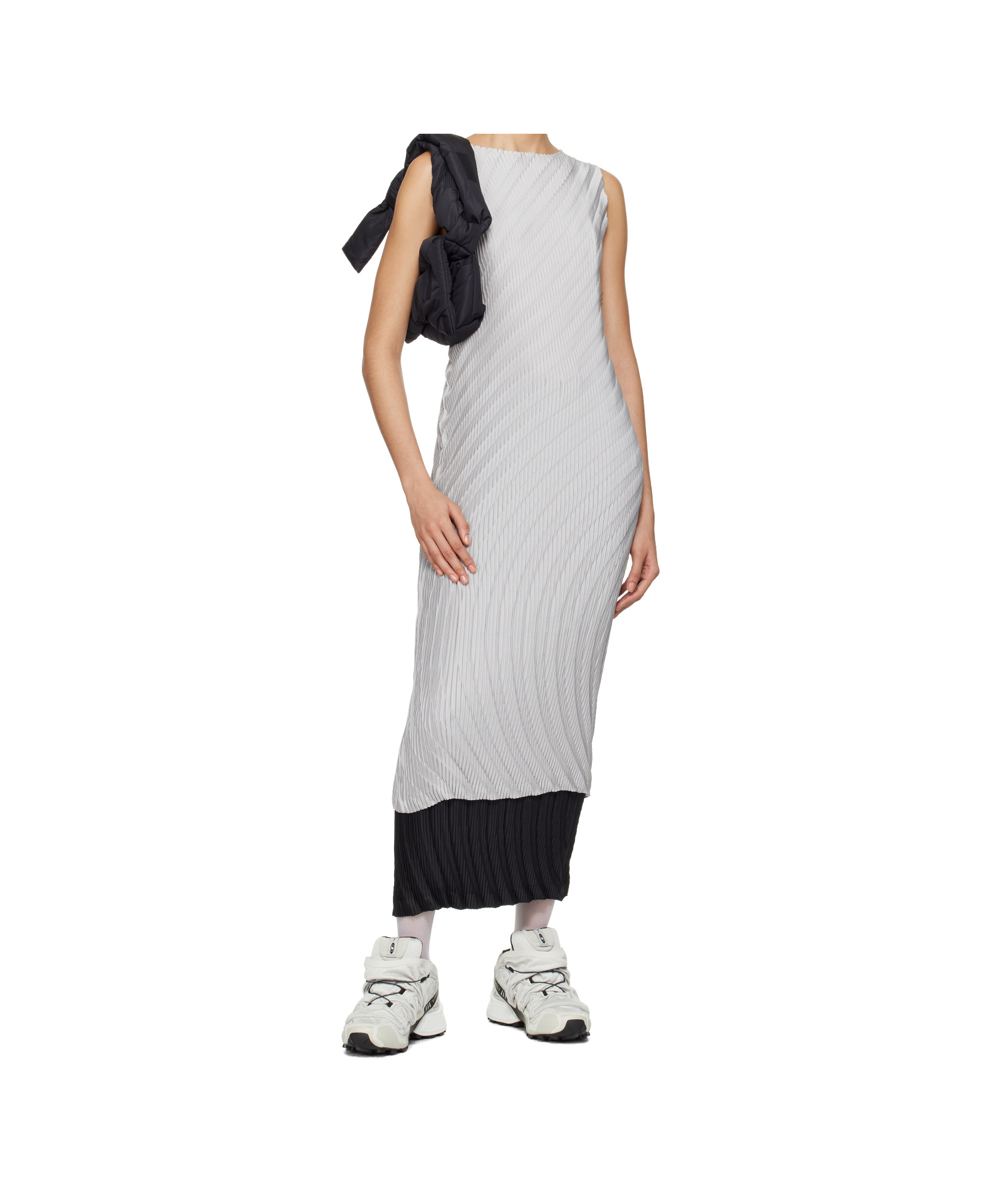 Issey Miyake Gray Nuance Pleats Solid Midi Dress In Grey